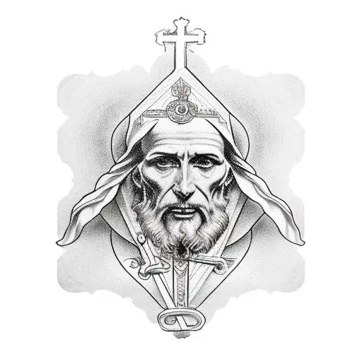 st anthony on a stained glass window, black and white tattoo design idea