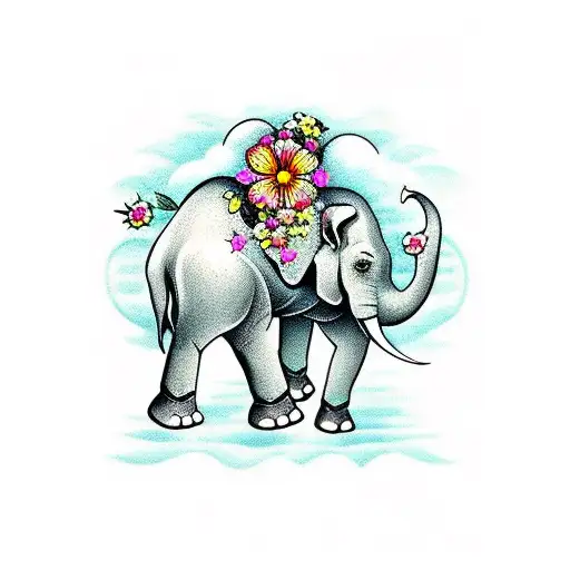 mother elephant with 3 babies flowers tattoo design idea