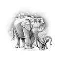 mother elephant with 3 babies flowers tattoo design idea