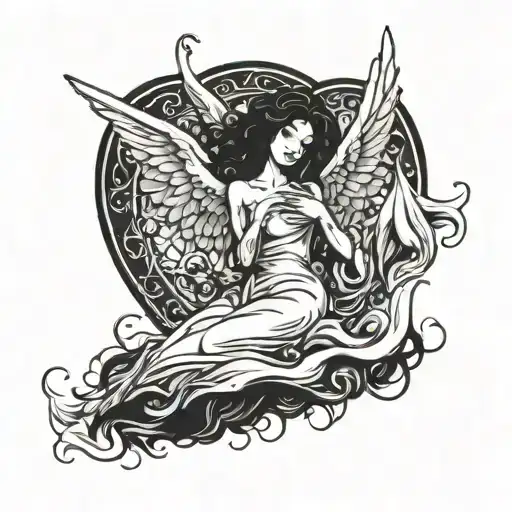 I want to design a tattoo of a female angel with black curly hair, the angel is flying up with a piece of a broken heart tattoo design idea