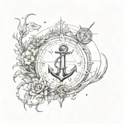 anchor and a compass surrounded by aquatic ecosystem tattoo design idea