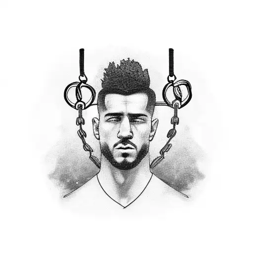 A blackwork tattoo of a football fan holding a chain, representing the strong bond between fans and the sport tattoo design idea