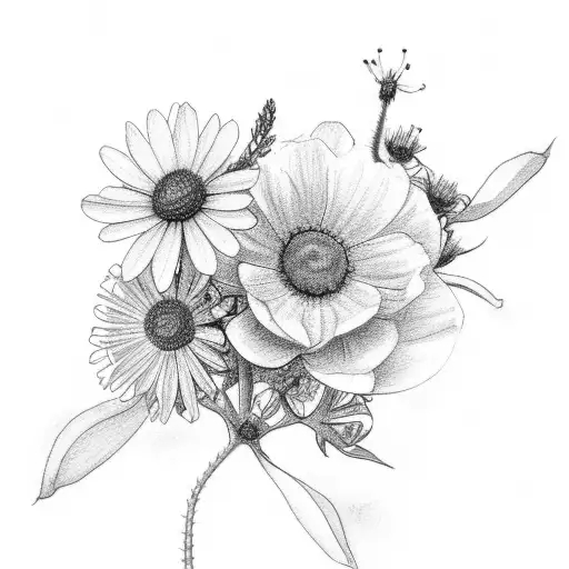 A detailed sketch of a mother and child embracing in a field of wildflowers tattoo design idea