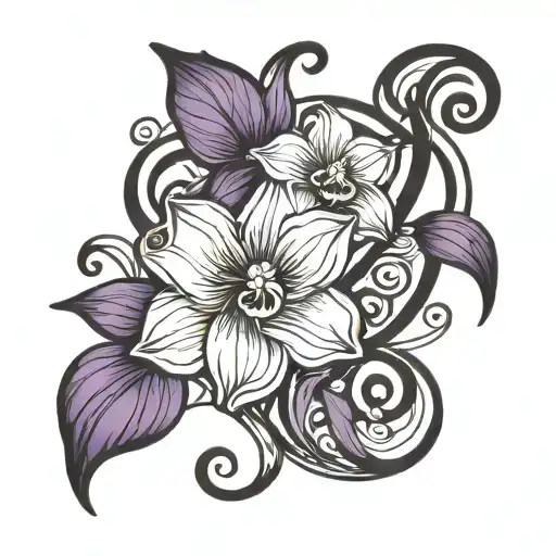 violet and narcissus birth flower with music notes treble clef tattoo design idea