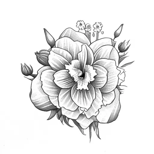 Ink drawing of a bouqet of flowers tied together. Flowers included are 1 daffodil, 1 rose, 1 aster, 1 lily of the valley tattoo design idea