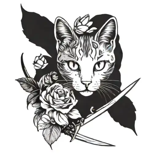 A cat with butterfly wings surrounded by flowers and swords tattoo design idea