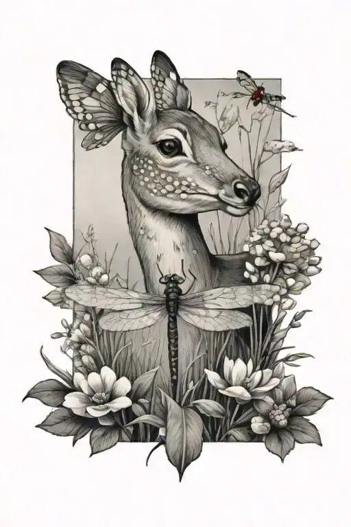 wildflower meadow with female doe and dragonfly perched tattoo design idea