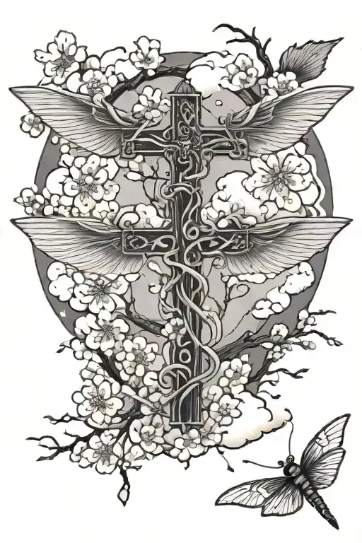 cross and clouds and dragon flies and cherry blossoms  tattoo design idea