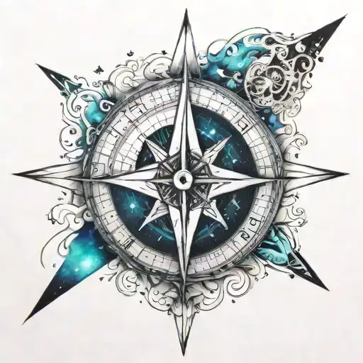 An intricate compass design surrounded by swirling aurora borealis colors tattoo design idea