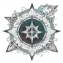 An intricate compass design surrounded by swirling aurora borealis colors tattoo design idea