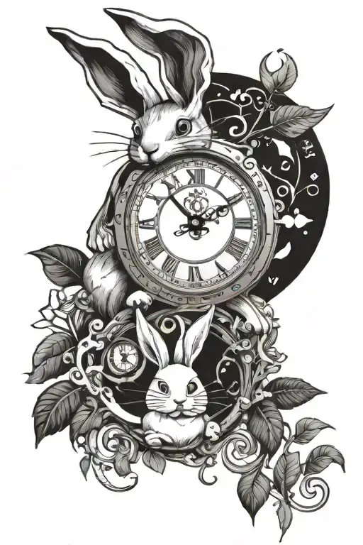 A whimsical tattoo design featuring Disney's White Rabbit and analog clocks intertwined in a surreal scene tattoo design idea