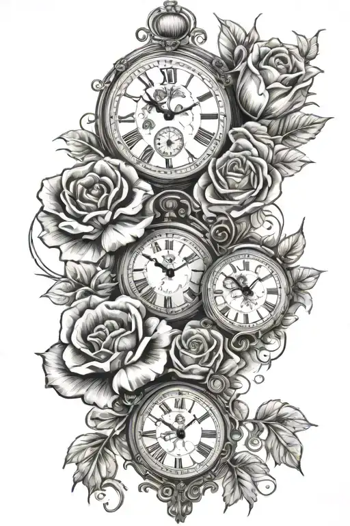 two clocks, poppy flowers, roses, white rabbit holding tattoo design idea