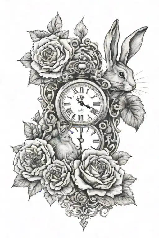 two clocks, poppy flowers, roses, white rabbit looking tattoo design idea