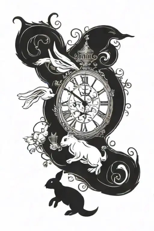 A whimsical tattoo design featuring Disney's White Rabbit and analog clocks intertwined in a surreal scene tattoo design idea
