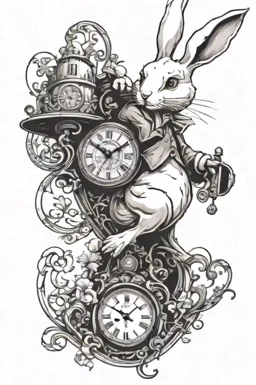 A whimsical tattoo design featuring Disney's White Rabbit and analog clocks intertwined in a surreal scene tattoo design idea