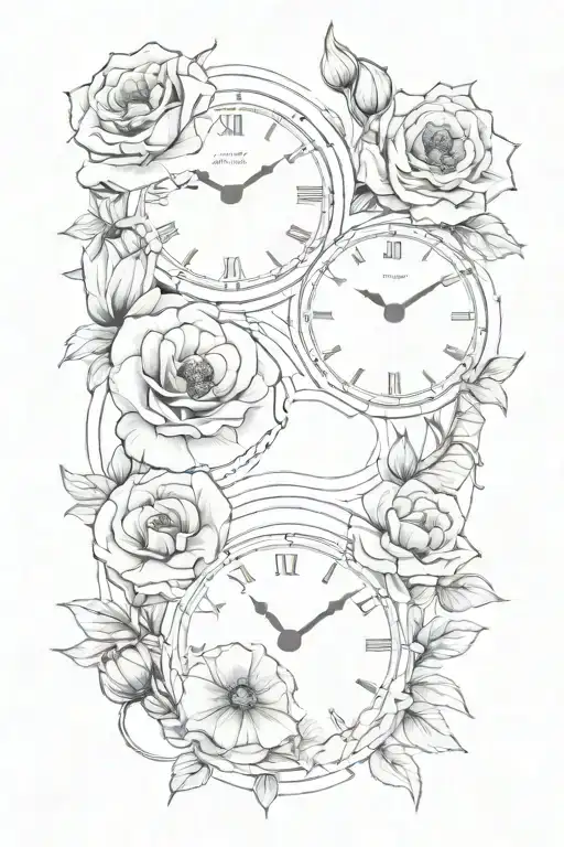 fine line, 2 analog clocks, roses, poppies blooming tattoo design idea