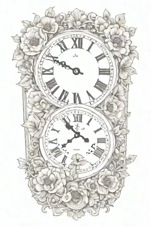 two clocks surrounded by poppies and roses tattoo design idea