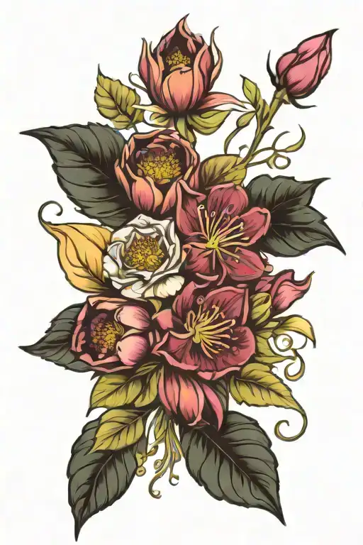 November, February, May, and September birth flower bouquet tattoo design idea