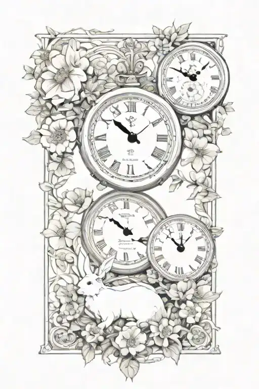 two clocks surrounded by poppies and roses and a small version of the white rabbit from disney's alice in wonderland tattoo design idea