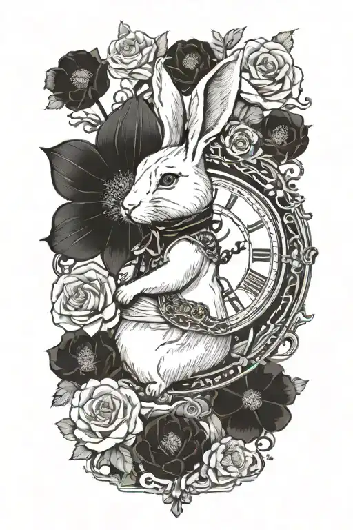 An intricate design of the White Rabbit from Alice in Wonderland holding a clock, surrounded by poppies and roses tattoo design idea
