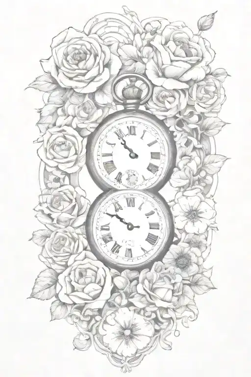 Alice in Wonderland themed pocket watch surrounded by roses and poppies tattoo design idea