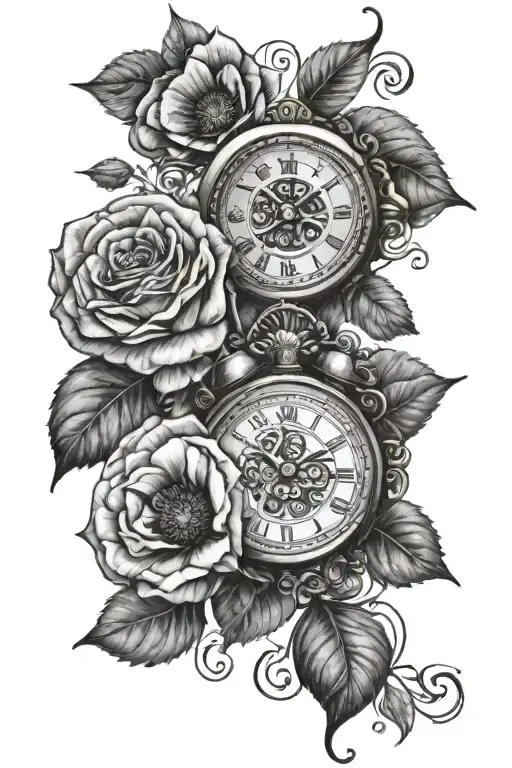 roses and poppies with 2 clocks   tattoo design idea