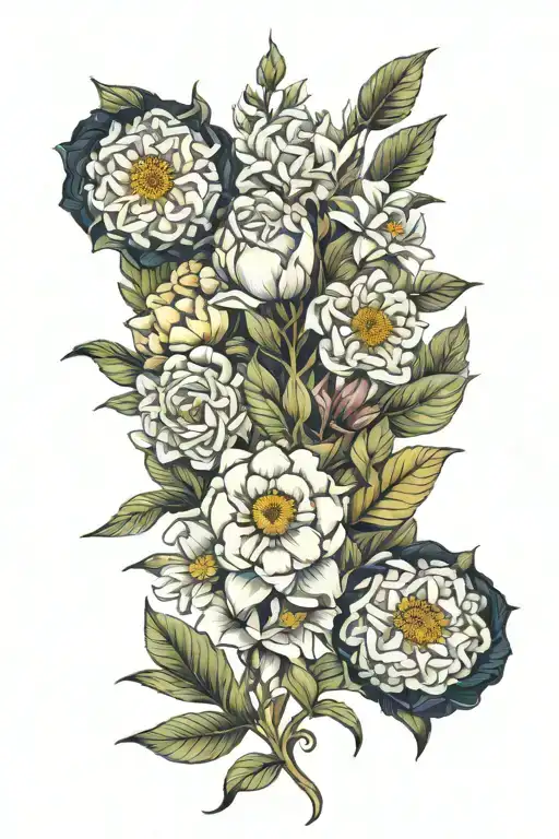 November, February, May, and September birth flower bouquet tattoo design idea