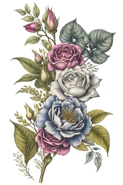 November, February, May, and September birth flower bouquet tattoo design idea