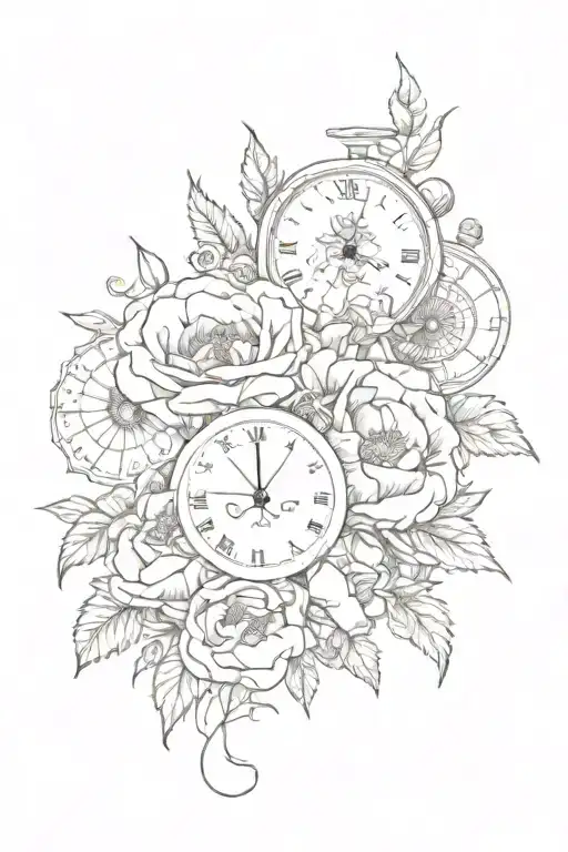 roses and poppies with 2 clocks   tattoo design idea