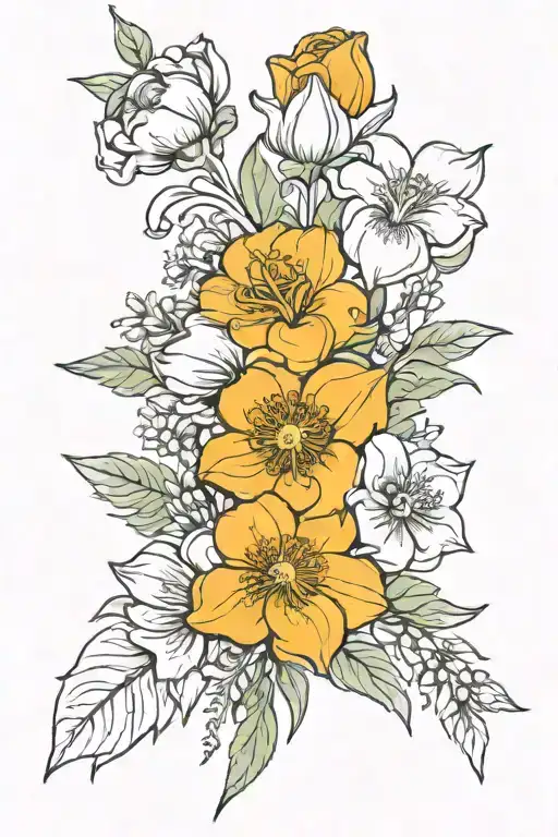 November, February, May, and September birth flower bouquet tattoo design idea
