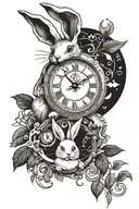 A whimsical tattoo design featuring Disney's White Rabbit and analog clocks intertwined in a surreal scene tattoo design idea