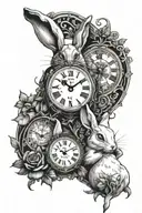 A whimsical tattoo design featuring Disney's White Rabbit and analog clocks intertwined in a surreal scene tattoo design idea