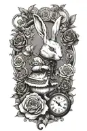 the White Rabbit from Alice in Wonderland with two clocks, surrounded by poppies and roses tattoo design idea