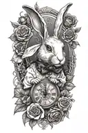 the White Rabbit from Alice in Wonderland with two clocks, surrounded by poppies and roses tattoo design idea