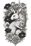 An intricate design of the White Rabbit from Alice in Wonderland holding a clock, surrounded by poppies and roses tattoo design idea