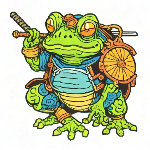 A Japanese frog wearing traditional samurai armor with vibrant colors tattoo design idea
