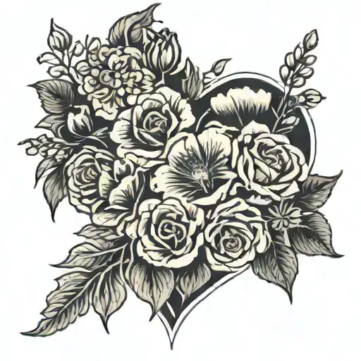 heart wreath with birth flowers; carnation, lily, daisy, rose and poppy tattoo design idea