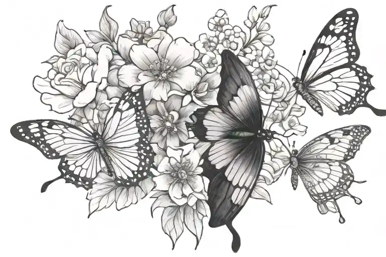butterfly and dragonfly on flowers intertwined tattoo design idea