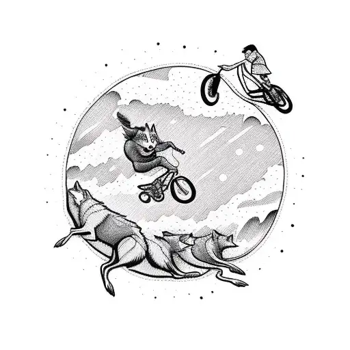 A detailed blackwork tattoo of a BMX rider jumping over a pack of wolves in the wilderness tattoo design idea