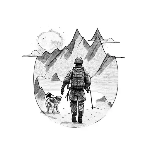 A sketch-style tattoo of a soldier hiking with their family and a dog in the mountains tattoo design idea