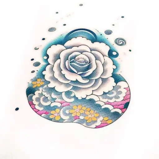 colorful flowers and waves sleeve dark colors long tattoo design idea