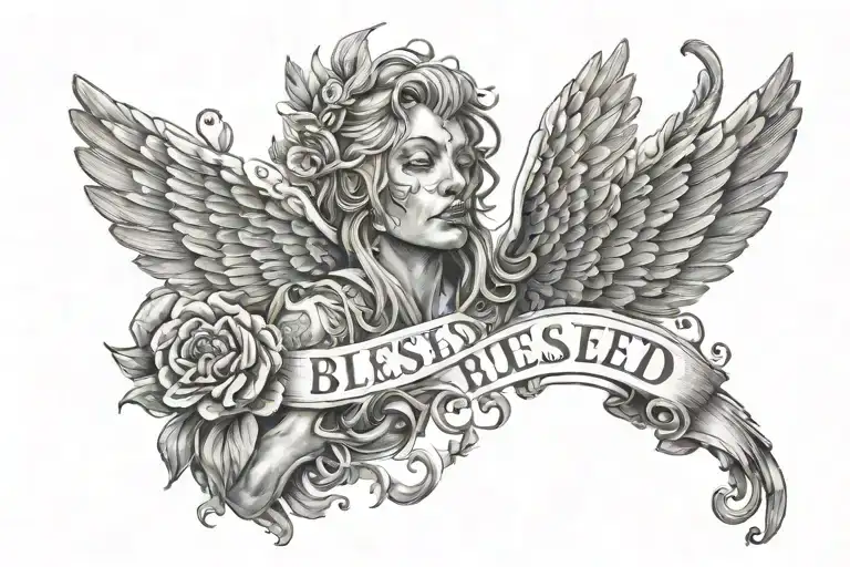 anjo com lettering blessed tattoo design idea
