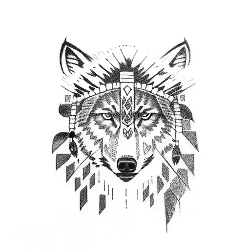 Native American headress above a wolf  tattoo design idea