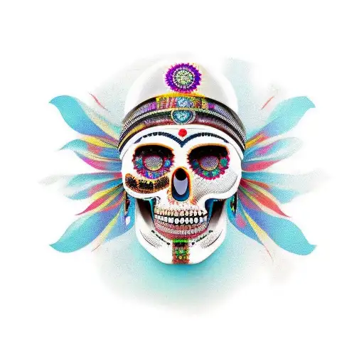 indian face faded into skull with head dress wrapped around  tattoo design idea