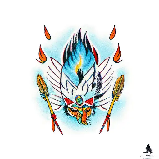 native american feathers joining fire with totem pole tattoo design idea