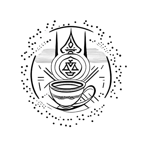 A minimalist tattoo of a coffee cup with a Buddhist mantra written on it tattoo design idea