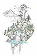 mountains trees water rocks rain falling tattoo design idea