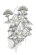 mountains trees water rocks rain falling tattoo design idea