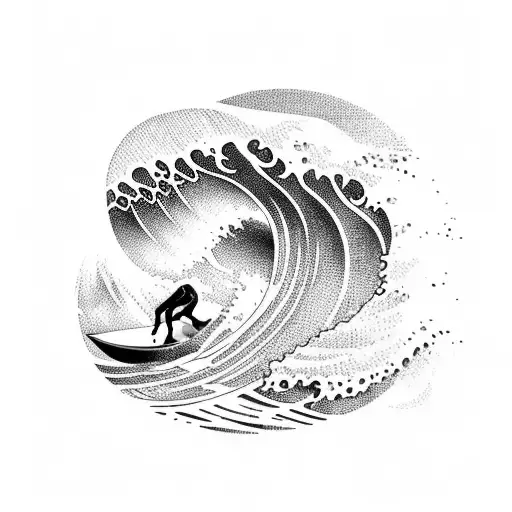 A majestic wave curling around a surfer riding the barrel tattoo design idea