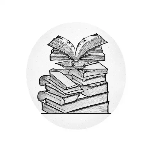 A stack of books with musical notes floating around them tattoo design idea